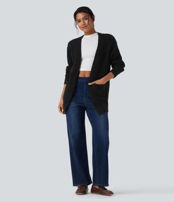 Cardigan décontracté gaufré manches longues avec poches