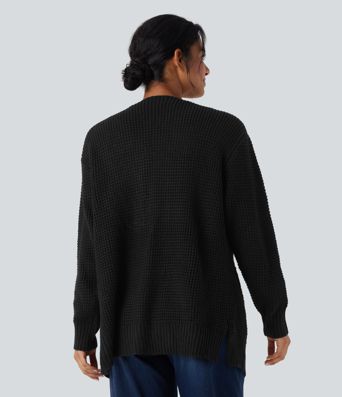 Cardigan décontracté gaufré manches longues avec poches