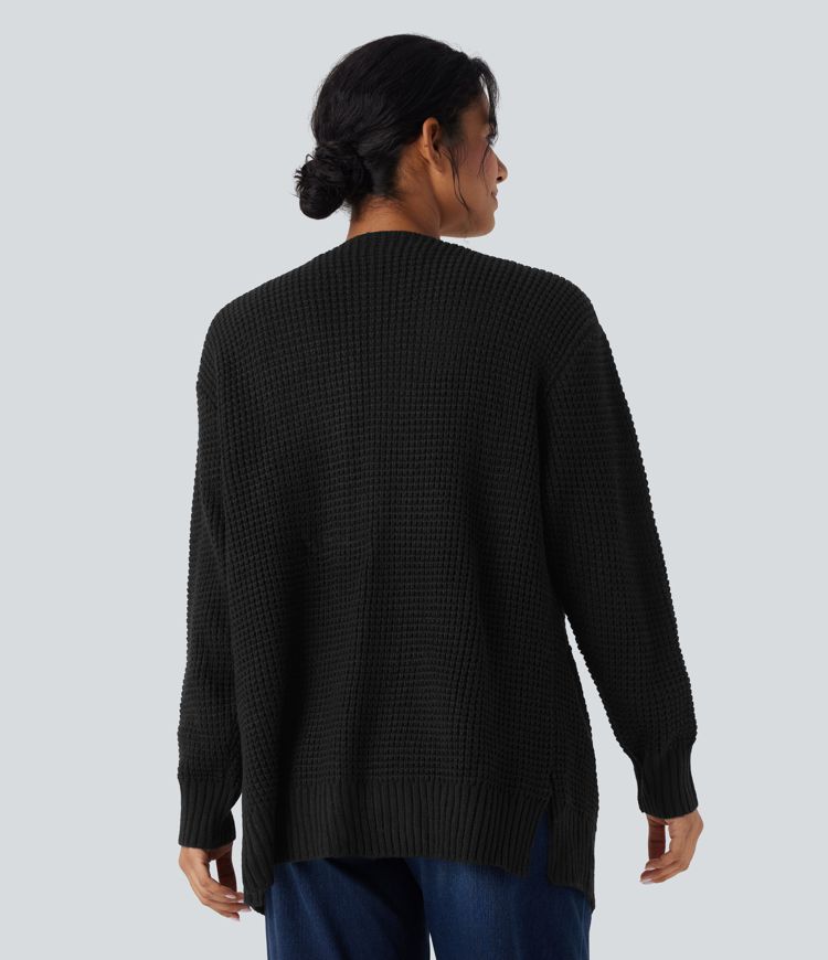 Cardigan décontracté gaufré manches longues avec poches