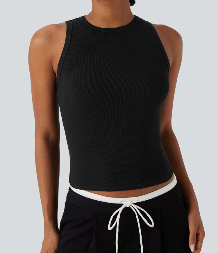 Ribbed Round Neck Slim Casual Tank Top