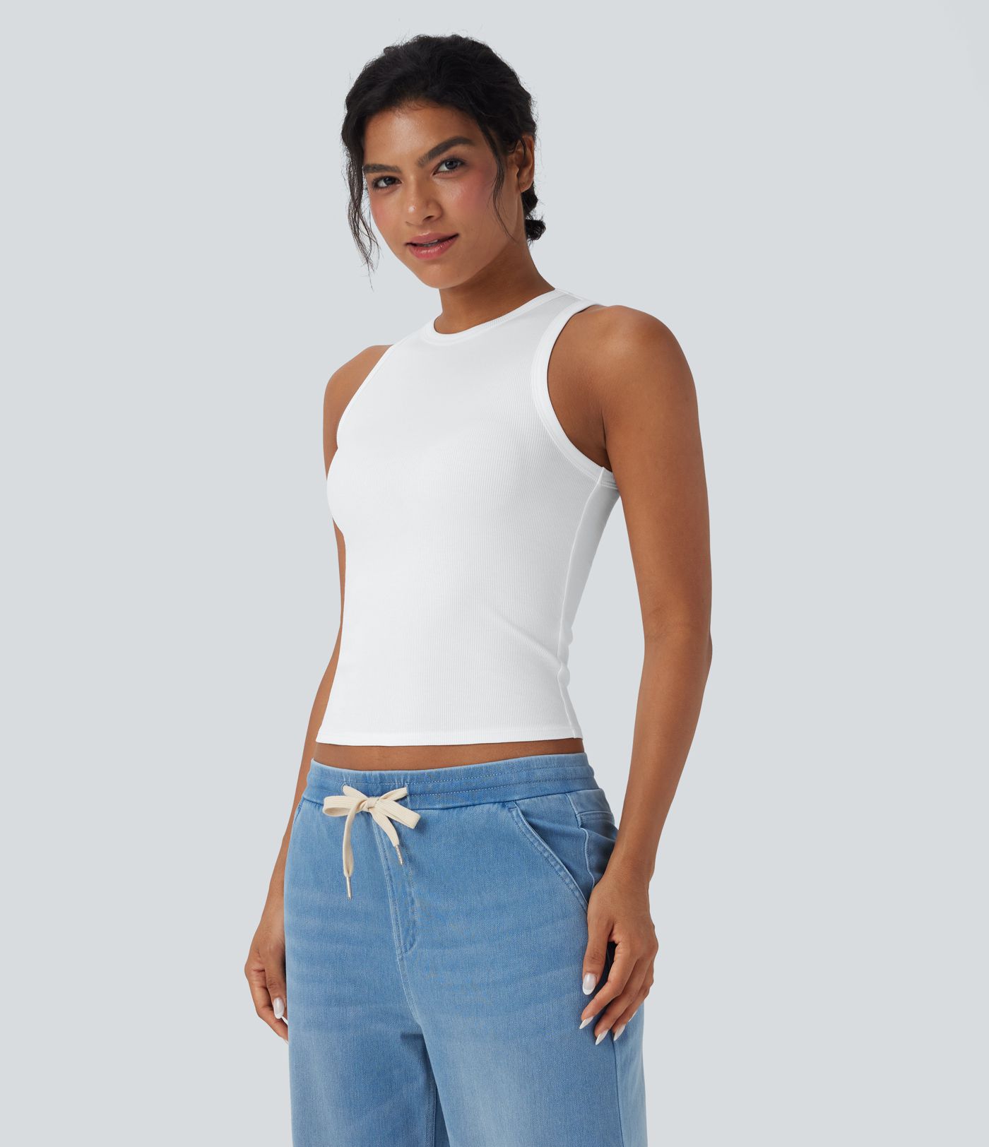Ribbed Round Neck Slim Casual Tank Top