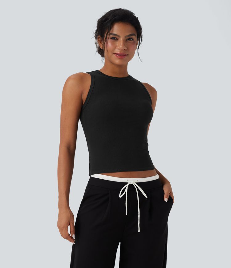 Ribbed Round Neck Slim Casual Tank Top