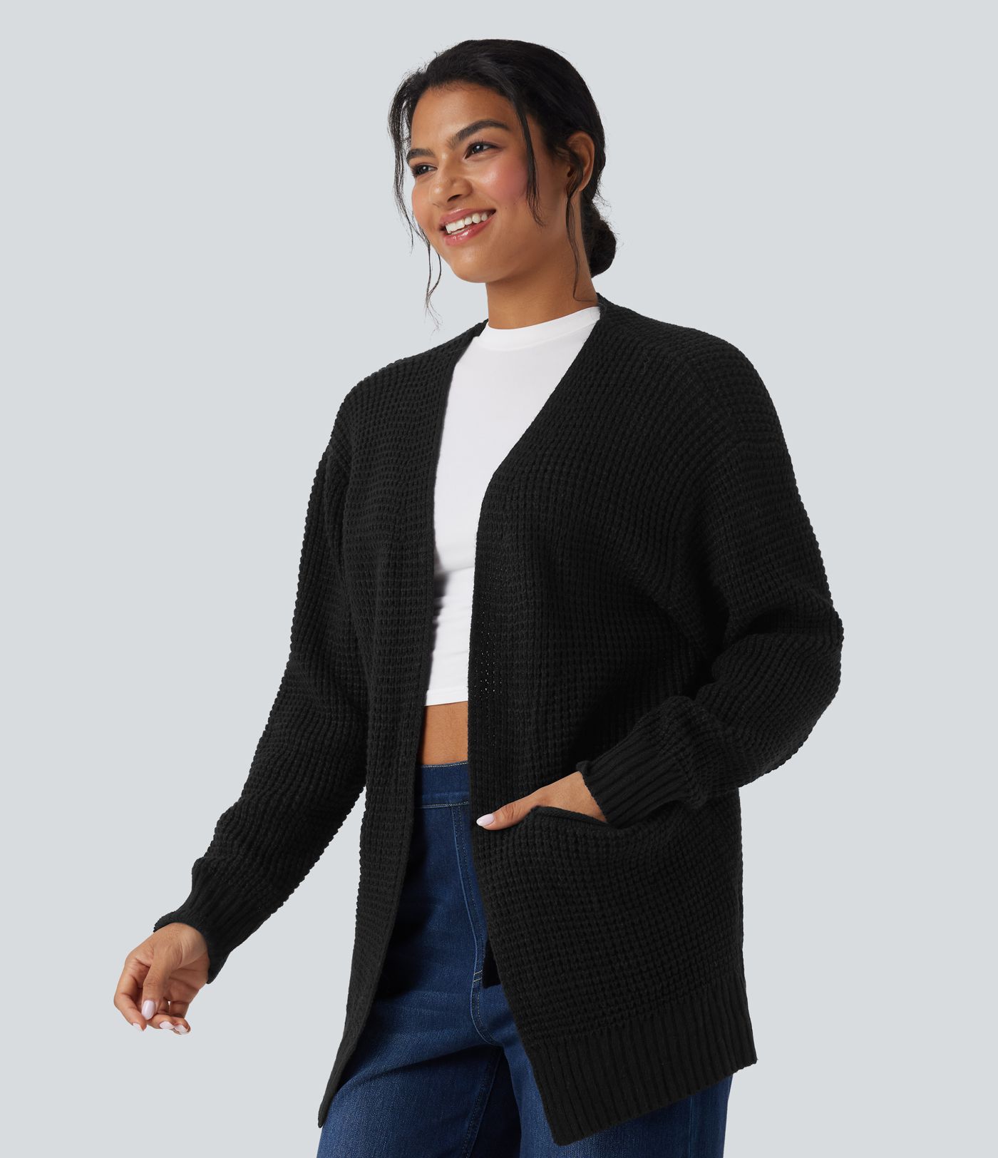 Cardigan décontracté gaufré manches longues avec poches