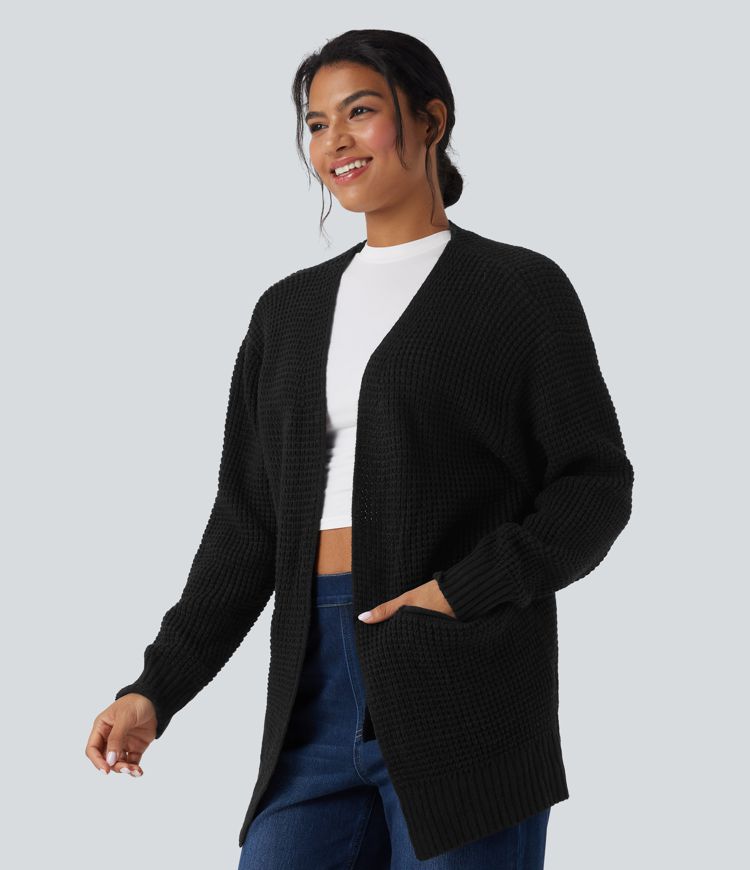 Cardigan décontracté gaufré manches longues avec poches