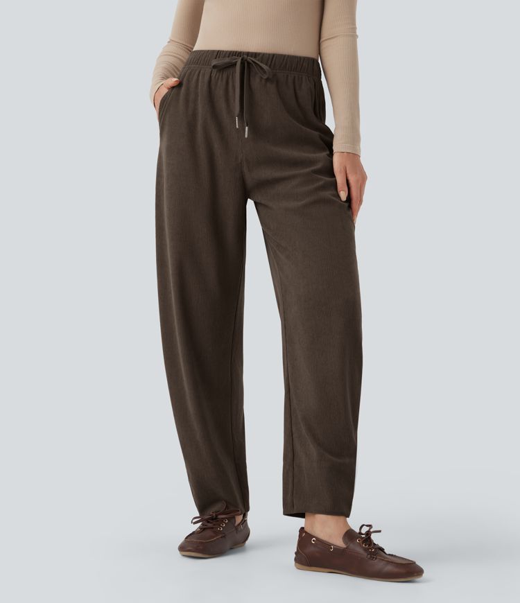 Mid Rise Drawstring Barrel Leg Corduroy Casual Trousers with Pockets