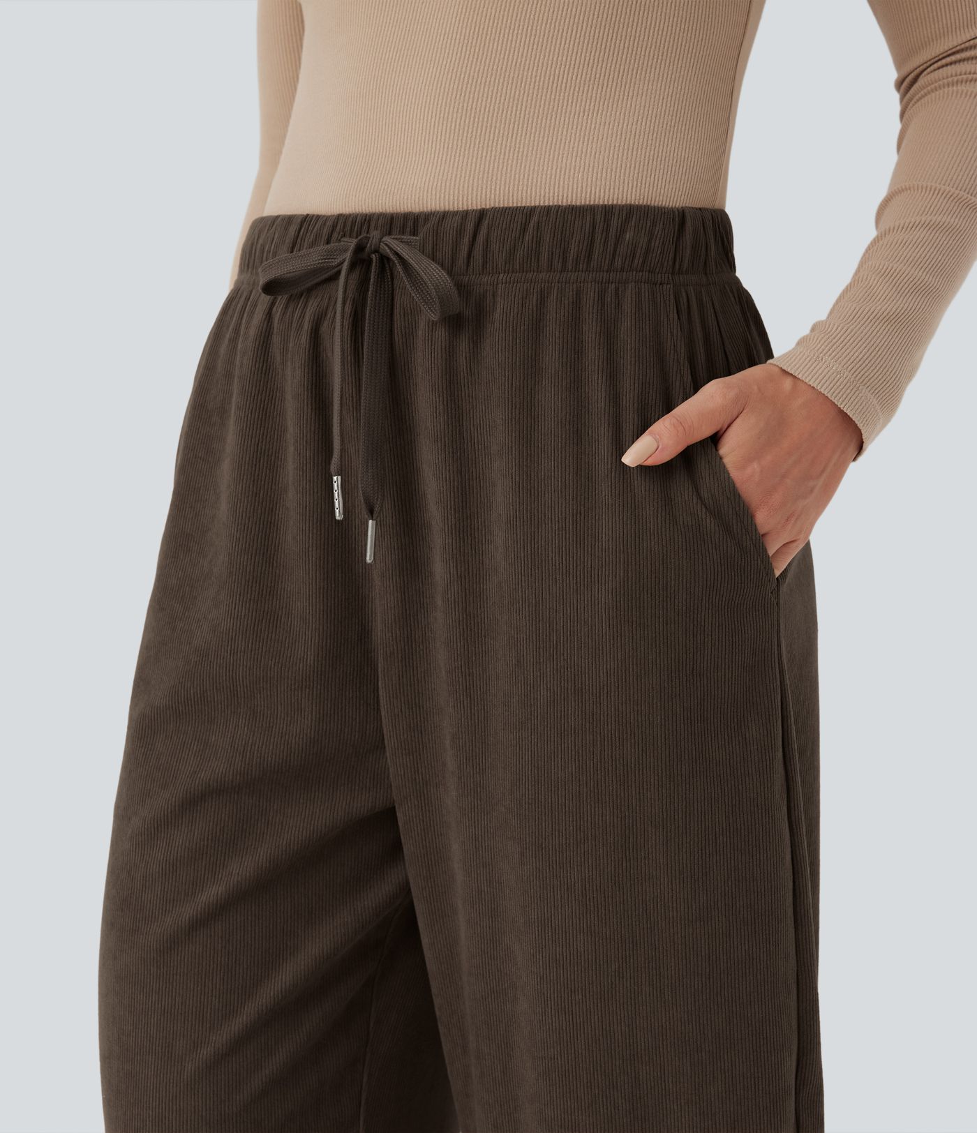 Mid Rise Drawstring Barrel Leg Corduroy Casual Pants with Pockets