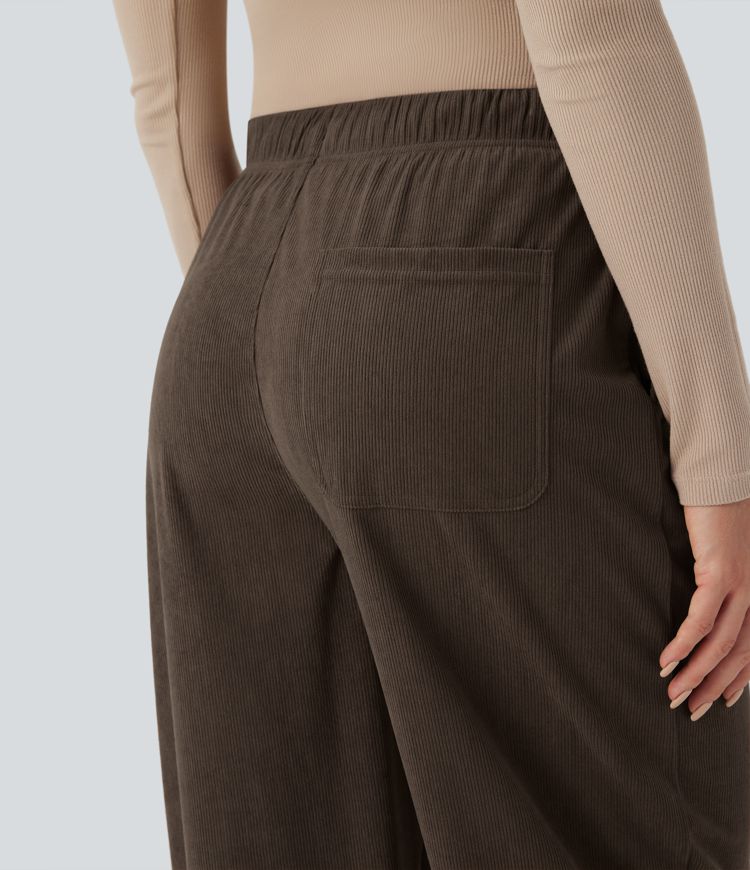 Pantalon décontracté velours côtelé taille mi-haute coupe barrel avec cordon de serrage et poches