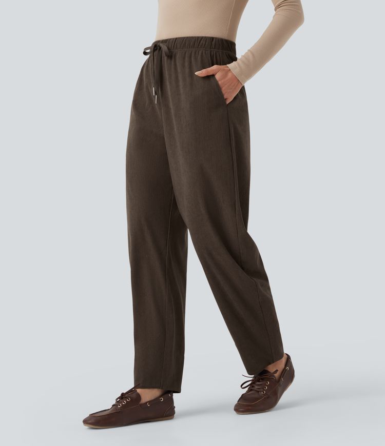 Mid Rise Drawstring Barrel Leg Corduroy Casual Pants with Pockets