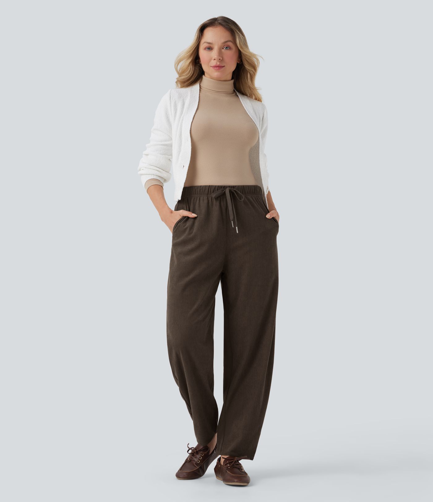 Mid Rise Drawstring Barrel Leg Corduroy Casual Pants with Pockets