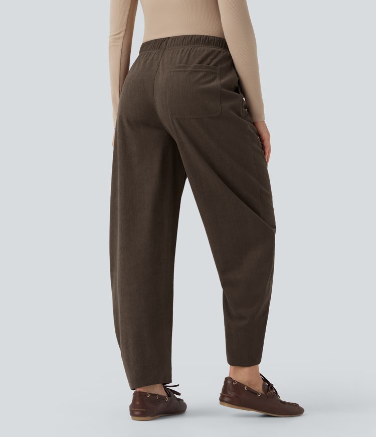 Mid Rise Drawstring Barrel Leg Corduroy Casual Pants with Pockets