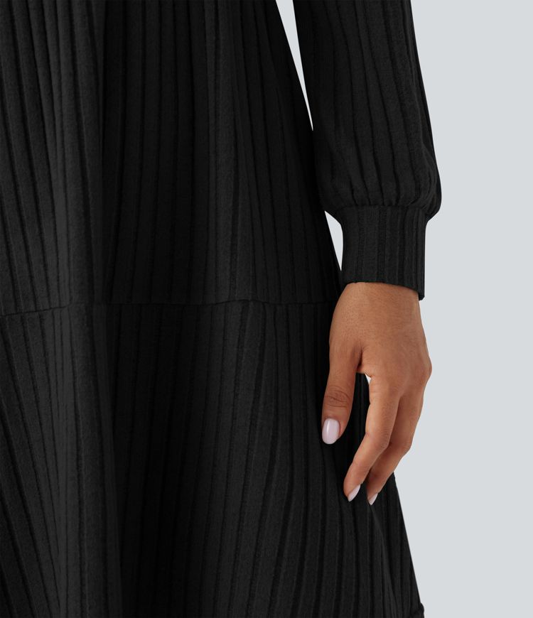 Ribbed Knit Square Neck Puff Long Sleeve Casual Dress with Pockets