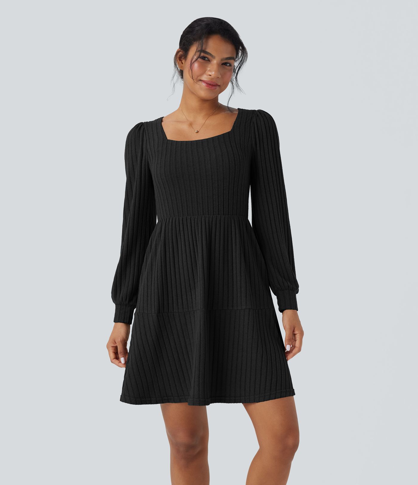 Ribbed Knit Square Neck Puff Long Sleeve Casual Dress with Pockets