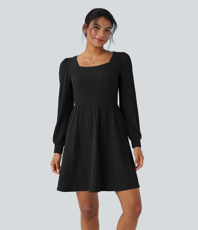 Ribbed Knit Square Neck Puff Long Sleeve Casual Dress with Pockets