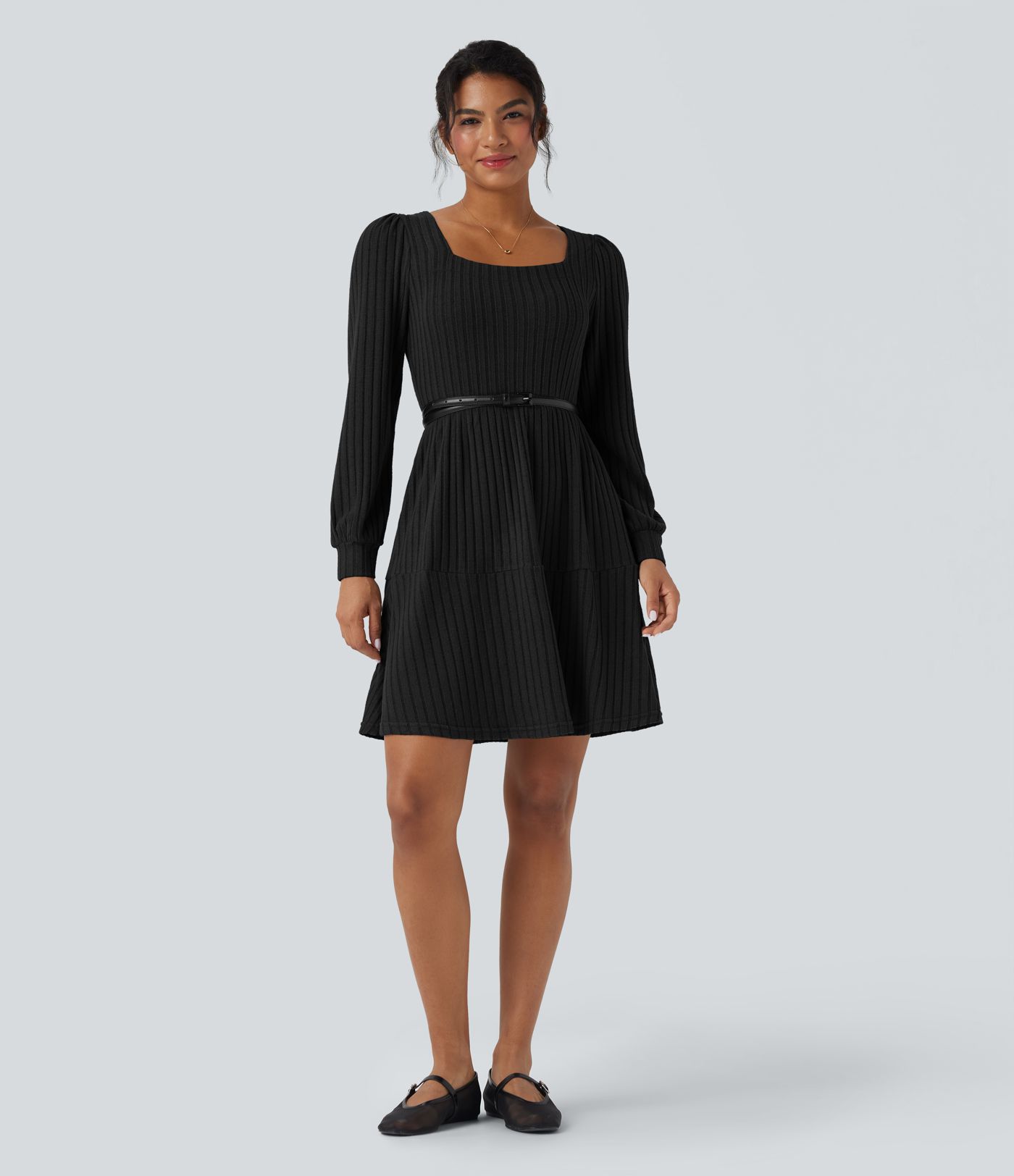 Ribbed Knit Square Neck Puff Long Sleeve Casual Dress with Pockets