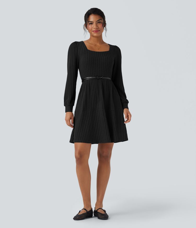 Ribbed Knit Square Neck Puff Long Sleeve Casual Dress with Pockets