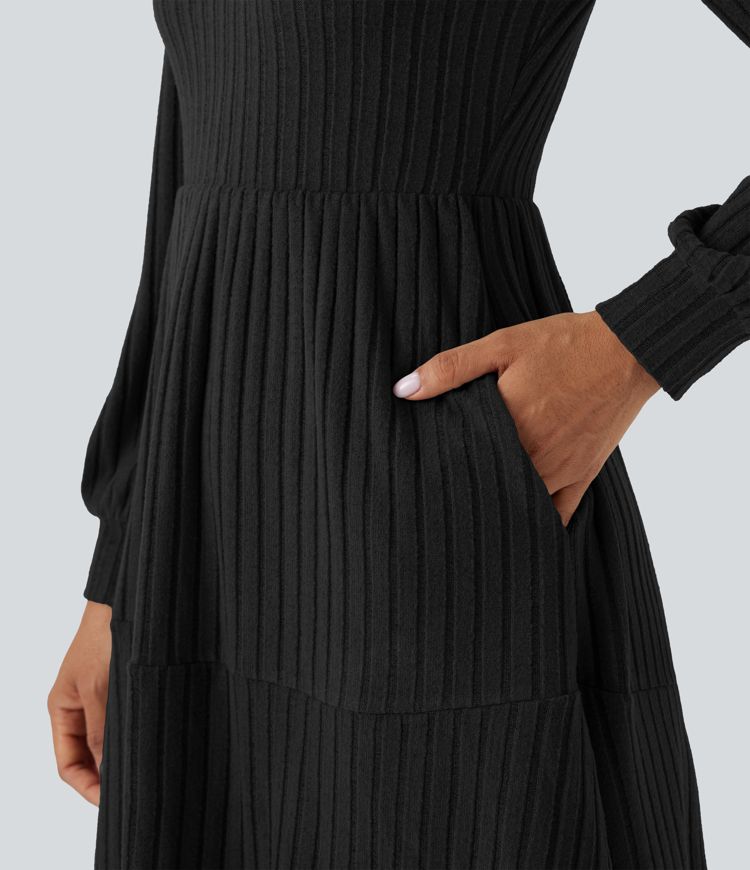 Ribbed Knit Square Neck Puff Long Sleeve Casual Dress with Pockets