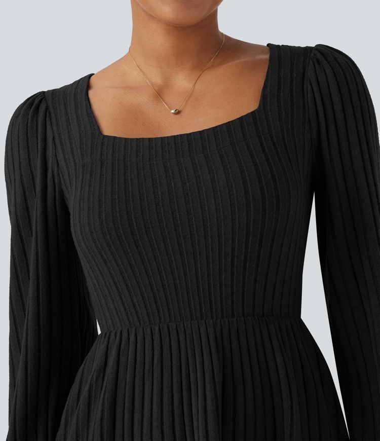 Ribbed Knit Square Neck Puff Long Sleeve Casual Dress with Pockets