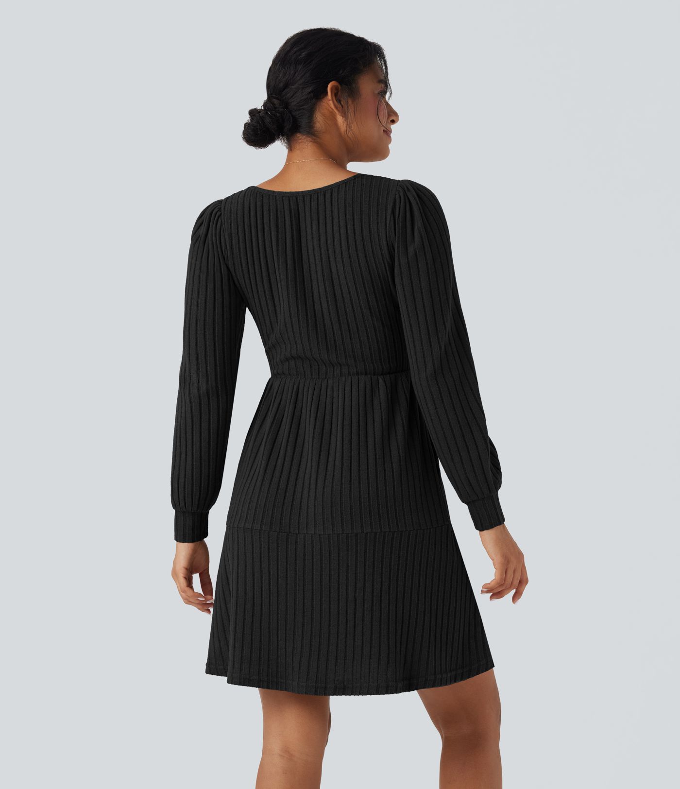 Ribbed Knit Square Neck Puff Long Sleeve Casual Dress with Pockets