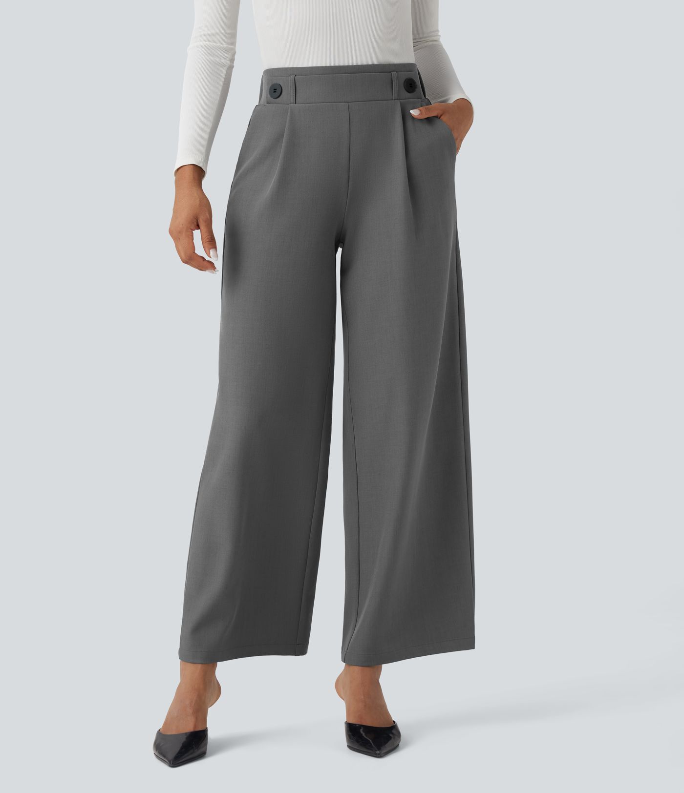Mid Rise Wide Leg Work Pants with Pockets