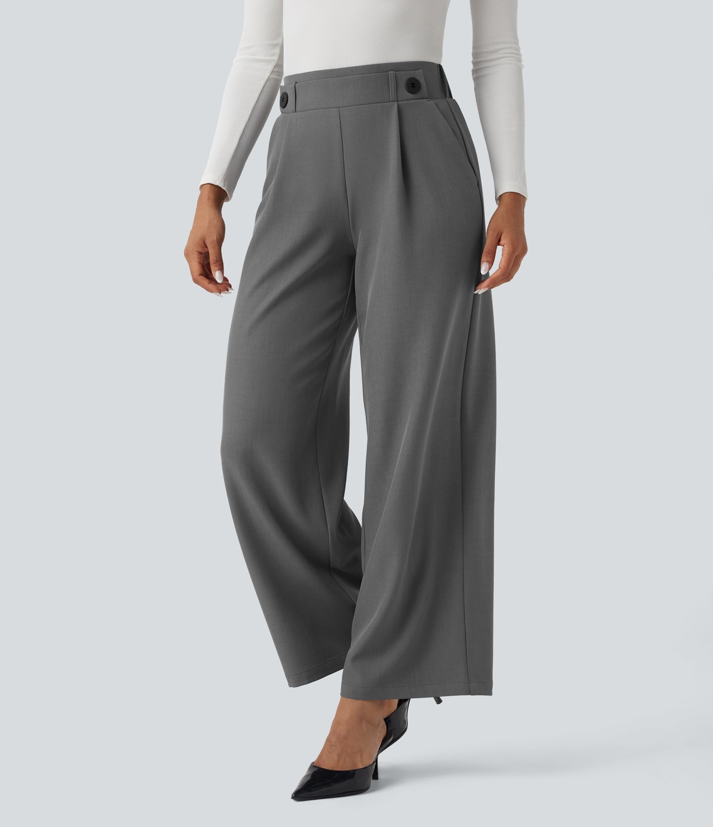 Mid Rise Wide Leg Work Pants with Pockets