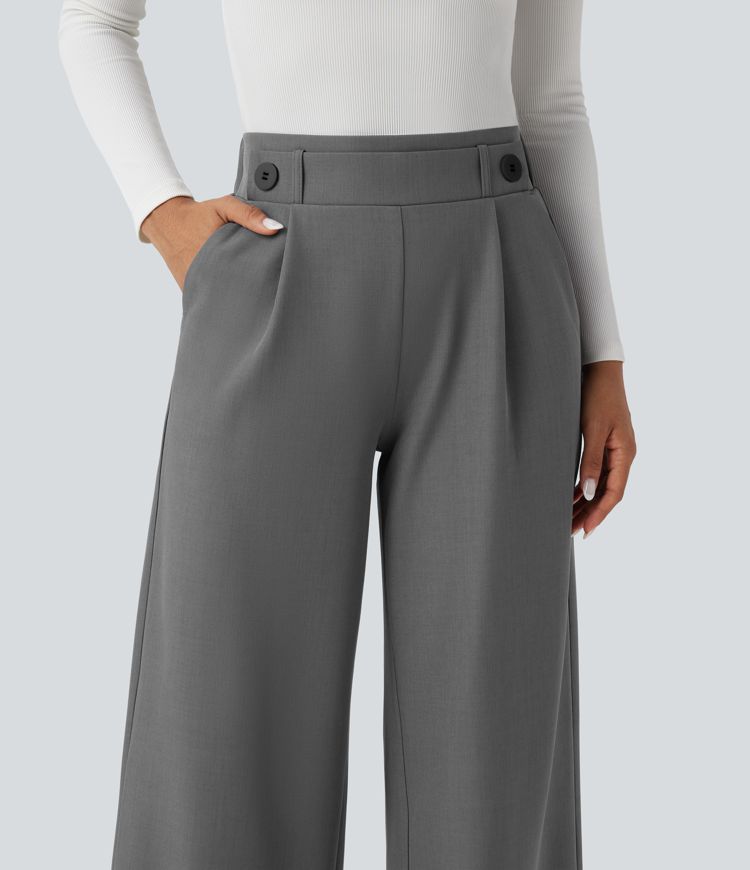 Mid Rise Wide Leg Work Pants with Pockets