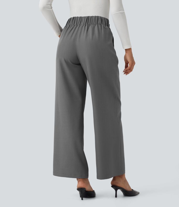 Mid Rise Wide Leg Work Pants with Pockets