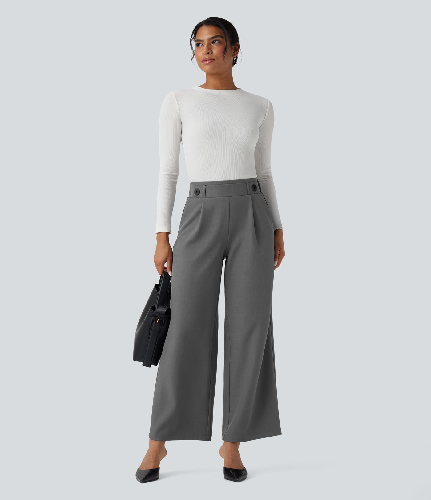 Mid Rise Wide Leg Work Pants with Pockets