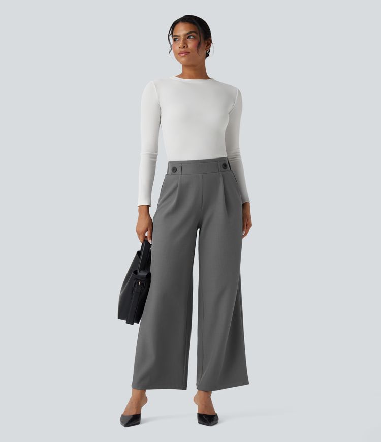 Mid Rise Wide Leg Work Pants with Pockets