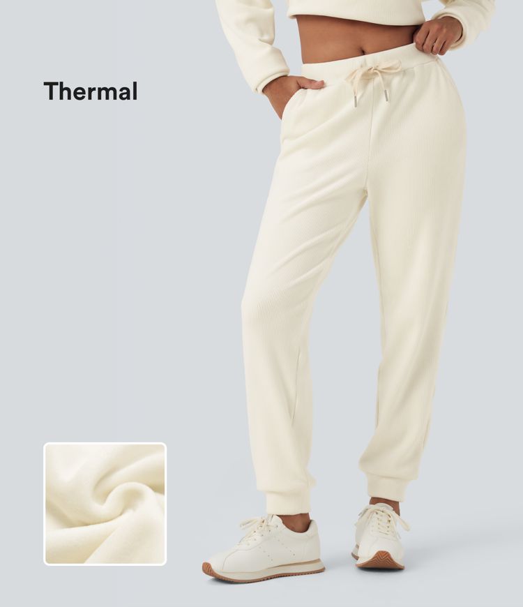 Ribbed Knit Mid Rise Drawstring Tapered Thermal Casual Joggers with Pockets