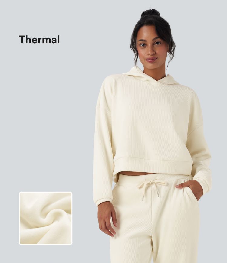 Ribbed Knit Hooded Long Sleeve Thermal Casual Sweatshirt