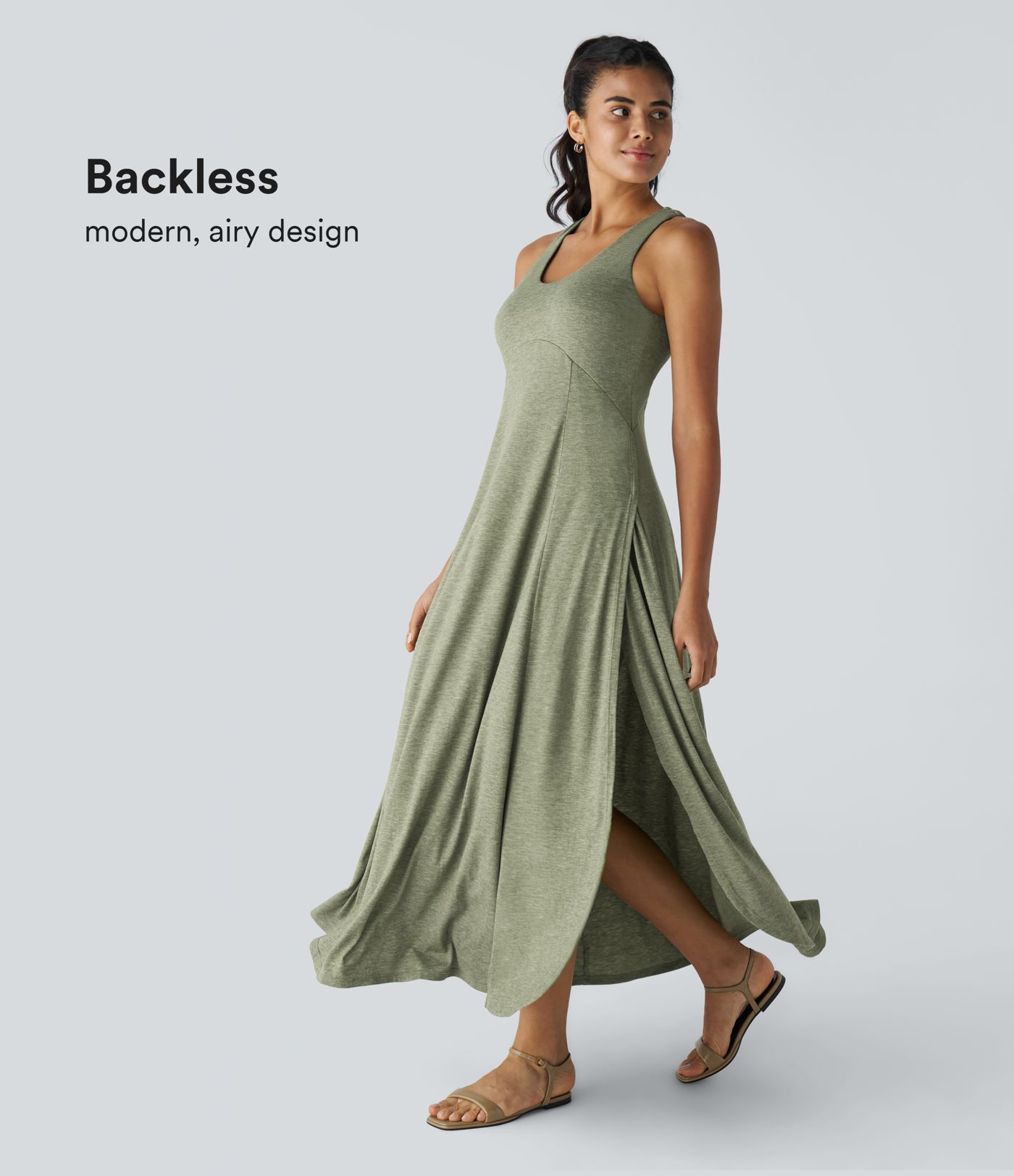 U Neck Backless Split Flowy Maxi Casual Tank Dress