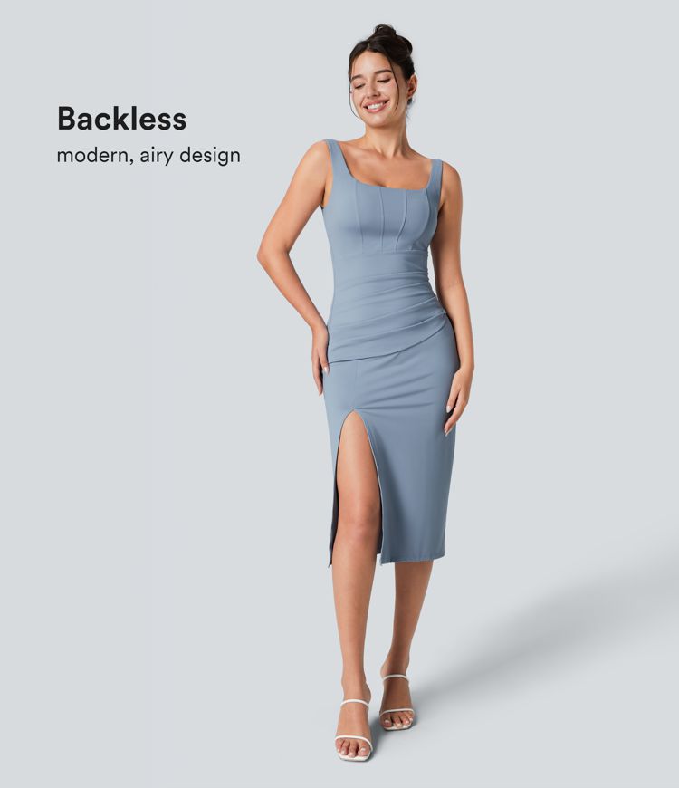 Figurbetontes Midi-Freizeitkleid mit Schlitz, rückenfreiem Korsett mit quadratischem Ausschnitt und Rüschen