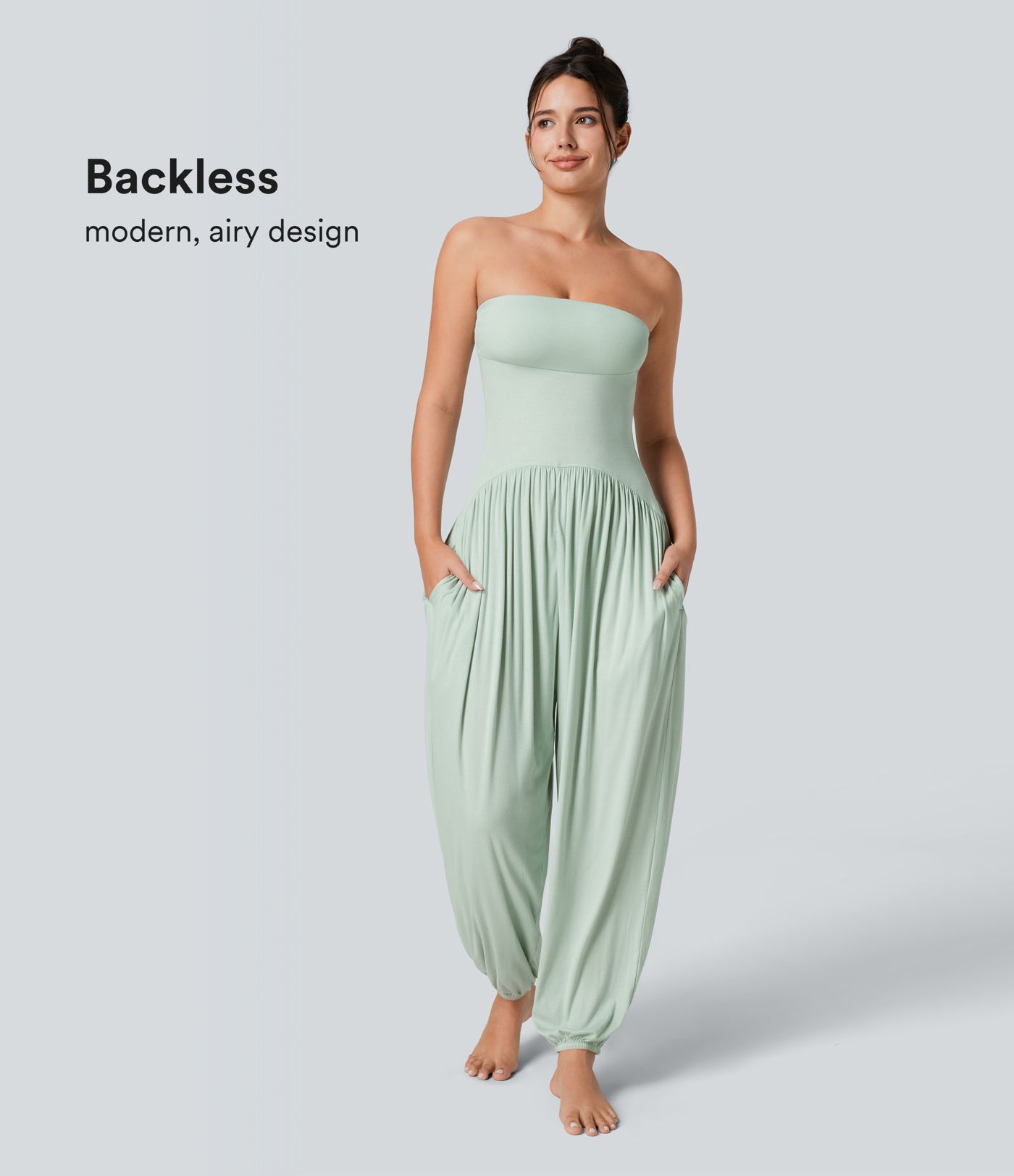 Ribbed Tube Backless Side Pocket Casual Jumpsuit