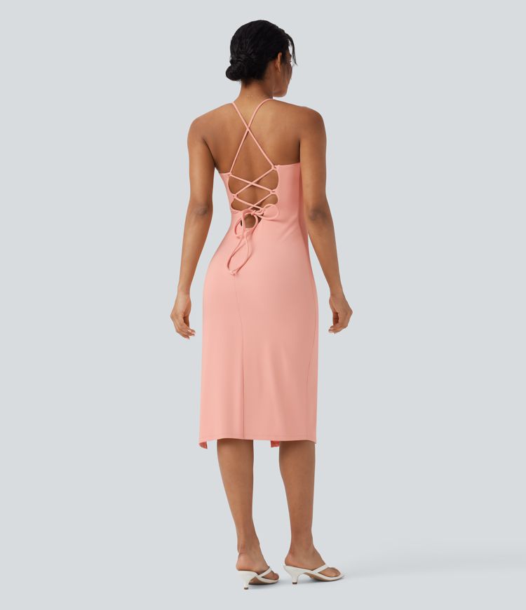 SoftlyZero™ Airy Crossover Ruched Lace Up Bodycon Cool Touch Dress D-F Cups-UPF50+