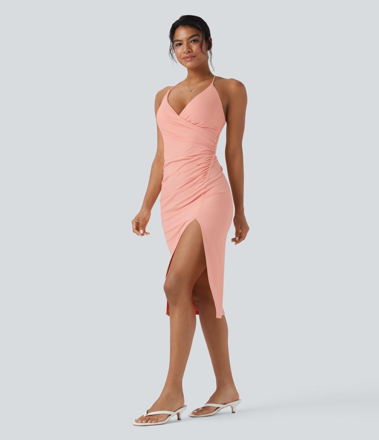 SoftlyZero™ Airy Crossover Ruched Lace Up Bodycon Cool Touch Dress D-F Cups-UPF50+