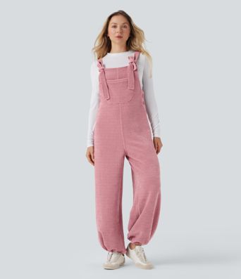 Tie Front Cinchable Hem Chenille Waffle Casual Overalls with Pockets