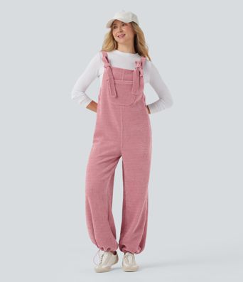 Tie Front Cinchable Hem Chenille Waffle Casual Overalls with Pockets Tie Front Cinchable Hem Chenille Waffle Casual Overalls with Pockets