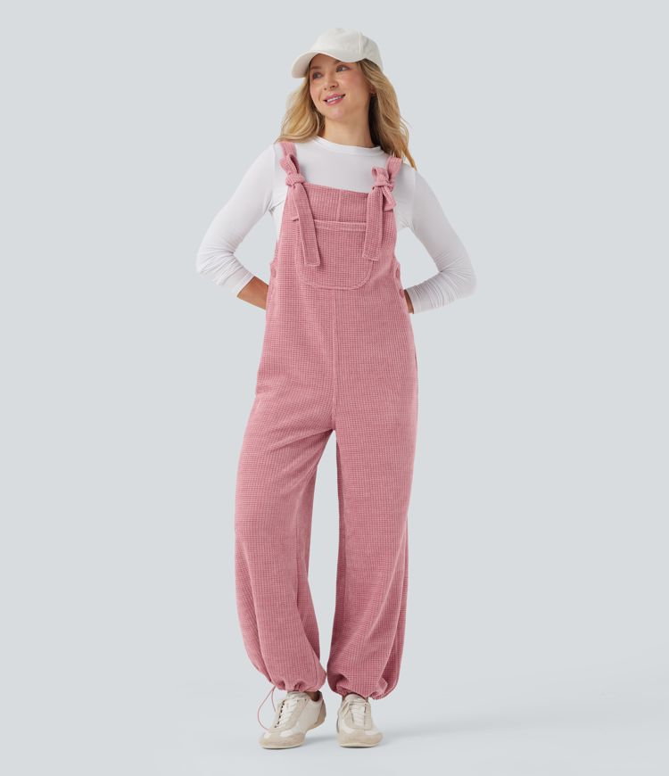 Tie Front Cinchable Hem Chenille Waffle Casual Overalls with Pockets Tie Front Cinchable Hem Chenille Waffle Casual Overalls with Pockets