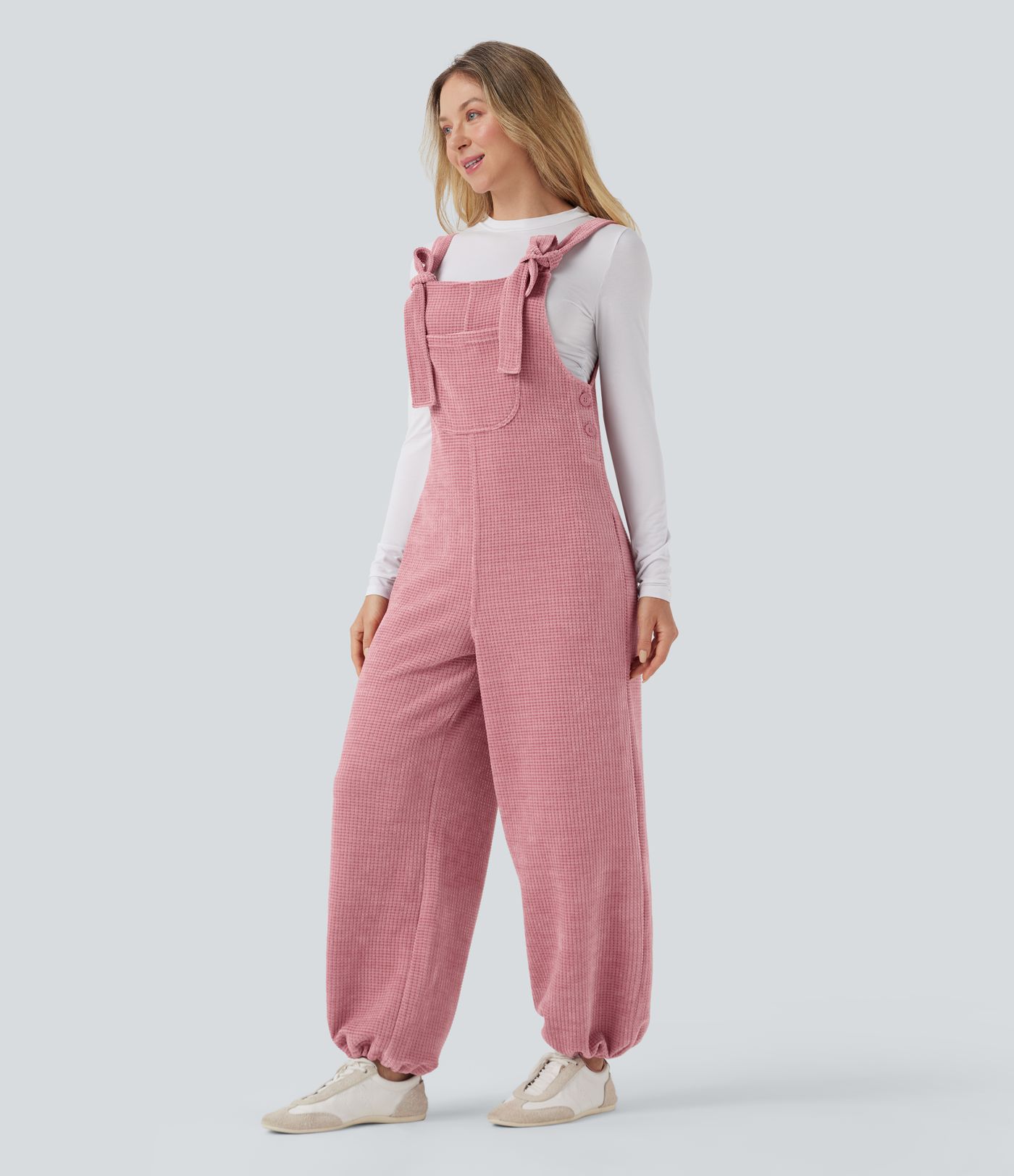 Tie Front Cinchable Hem Chenille Waffle Casual Overalls with Pockets