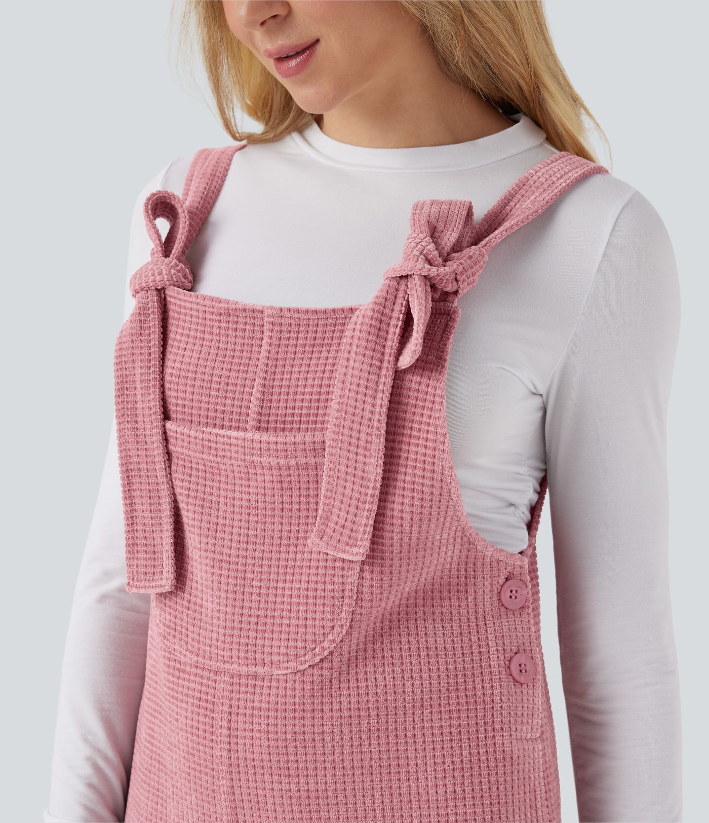 Tie Front Cinchable Hem Chenille Waffle Casual Overalls with Pockets