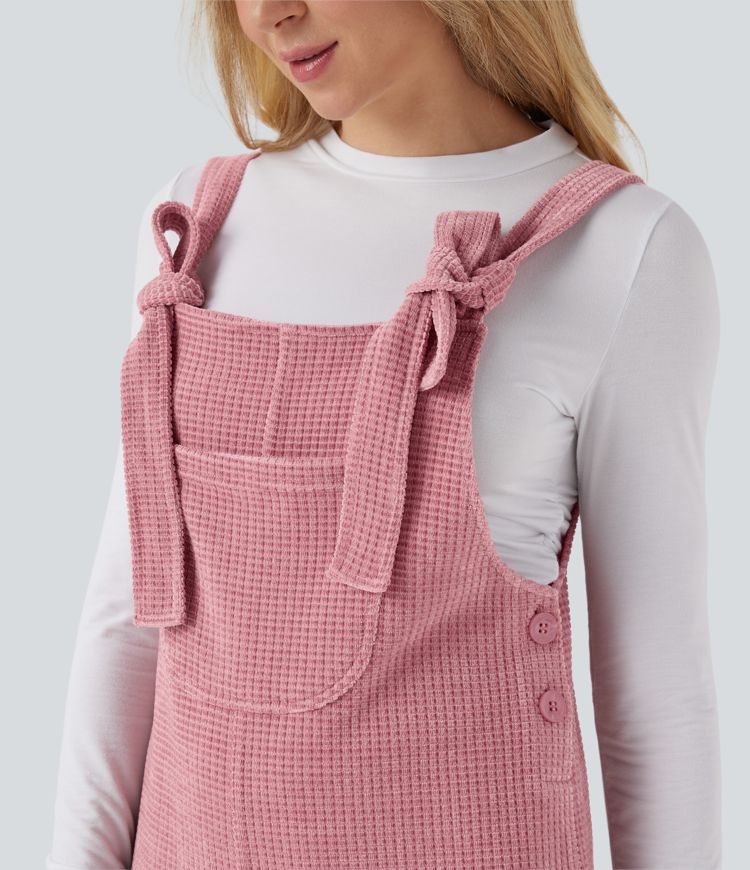 Tie Front Cinchable Hem Chenille Waffle Casual Overalls with Pockets