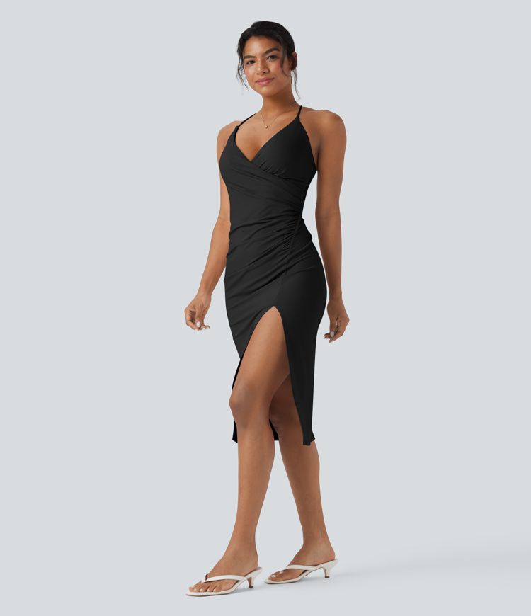 SoftlyZero™ Airy Crossover Ruched Lace Up Bodycon Cool Touch Dress-D/DD/DDD/F Cups-UPF50+
