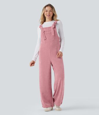 Tie Front Cinchable Hem Chenille Waffle Casual Overalls with Pockets