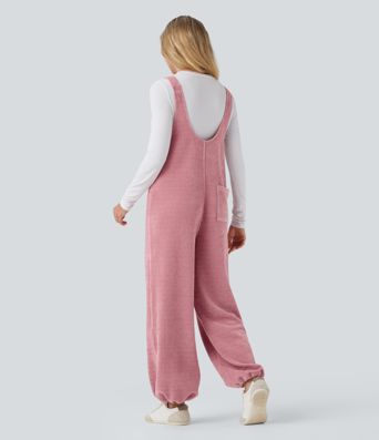 Tie Front Cinchable Hem Chenille Waffle Casual Overalls with Pockets