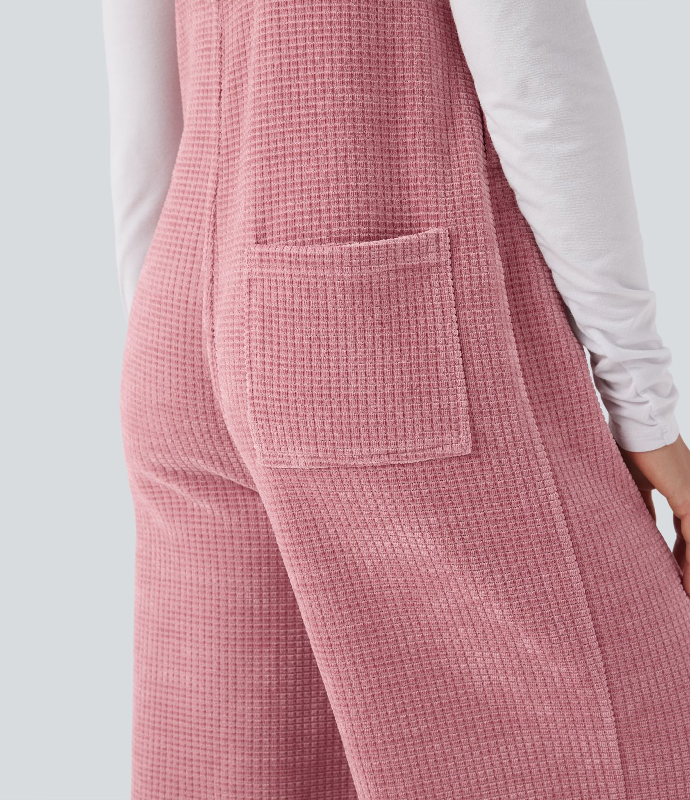 Tie Front Cinchable Hem Chenille Waffle Casual Overalls with Pockets