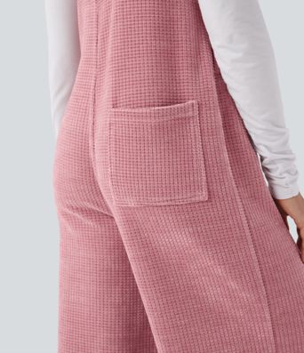 Tie Front Cinchable Hem Chenille Waffle Casual Overalls with Pockets