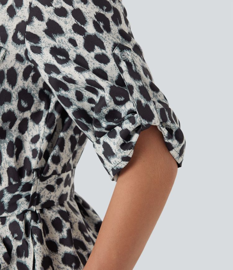 Roll Up Sleeve Belted Leopard Print Casual Shirt Dress with Pockets