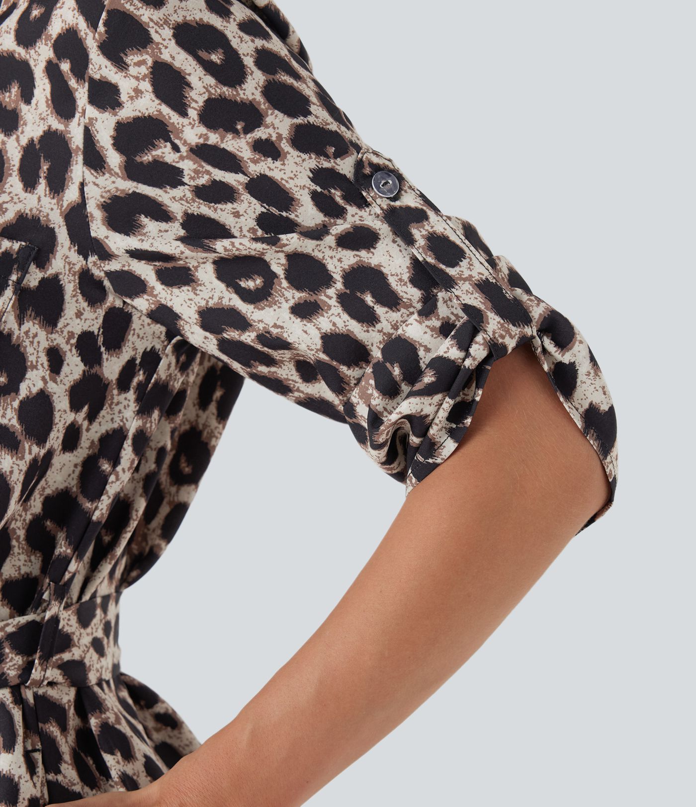 Roll Up Sleeve Belted Leopard Print Casual Shirt Dress with Pockets