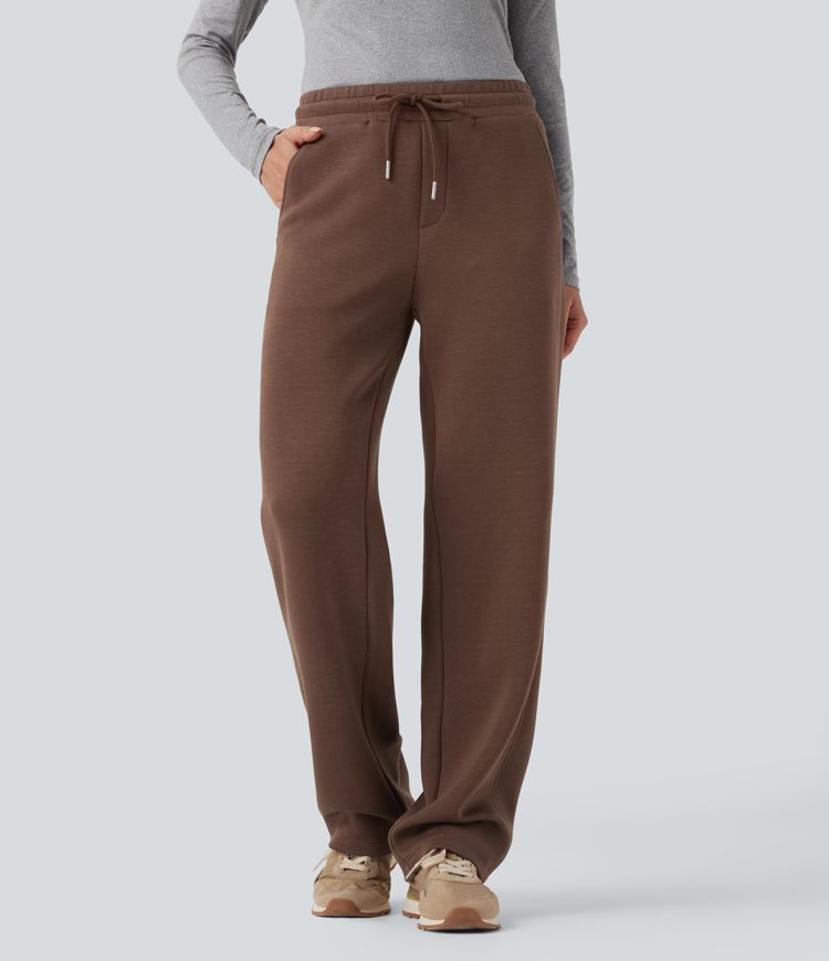 Mid Rise Drawstring Straight Leg Casual Pants with Pockets