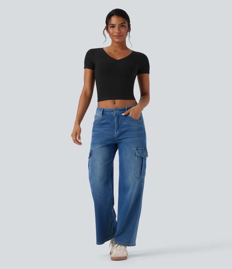 Camiseta corta de trabajo con cuello en V y manga corta de punto acanalado